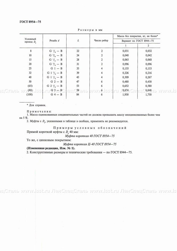 Муфты прямые для трубопроводов ГОСТ 8954-75 (2)