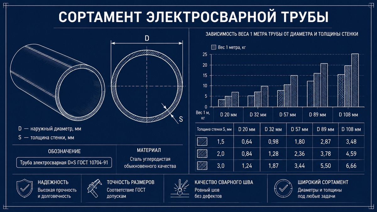Сортамент электросварной трубы: диаметр, толщина стенки и вес метра