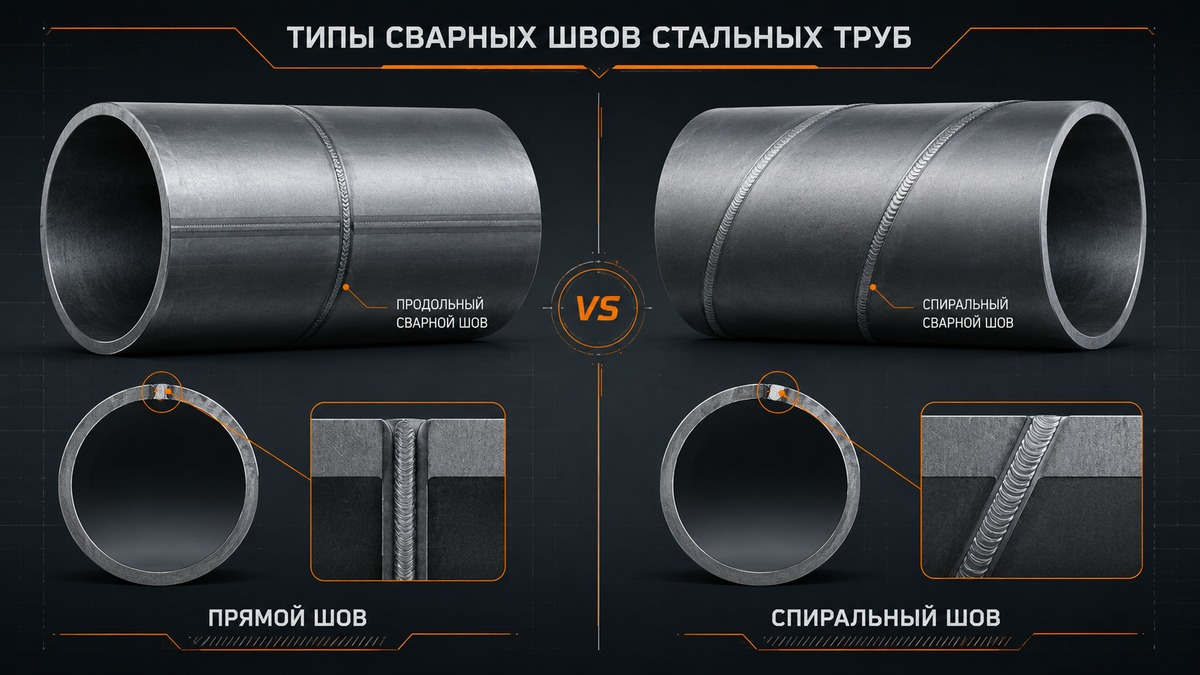 Схема прямого и спирального шва электросварной трубы в сравнении