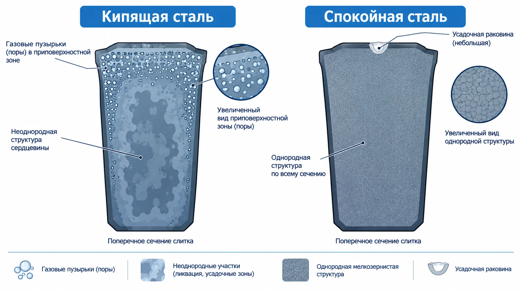 Схема структуры слитка кипящей и спокойной стали в сравнении, степень раскисления стали